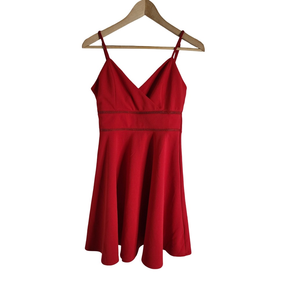 Jun & Ivy Red Ladder Stitch Fit Flare Dress V-Neck Mini M Romantic Feminine